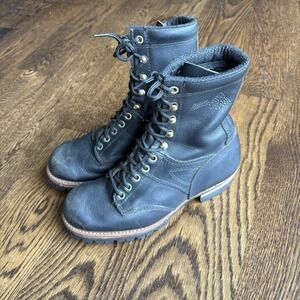Vtg 80s Golden Retriever Black Leather Work Logger Boots Vibram Sole Mens 7.5 M